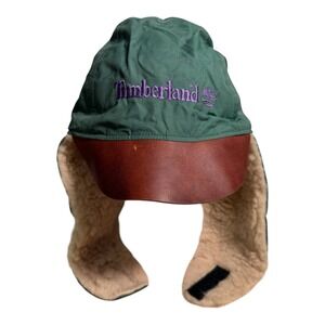 New Vintage 1990 Timberland Weather Gear Sherpa Trapper Hat Leather Brim Green L